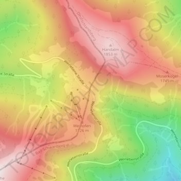 Mapa topográfico Weinebene, altitude, relevo