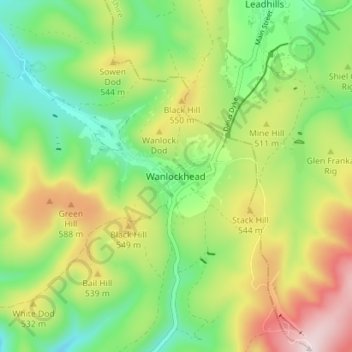 Mapa topográfico Wanlockhead, altitude, relevo
