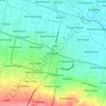 Mapa topográfico Mojosari, altitude, relevo