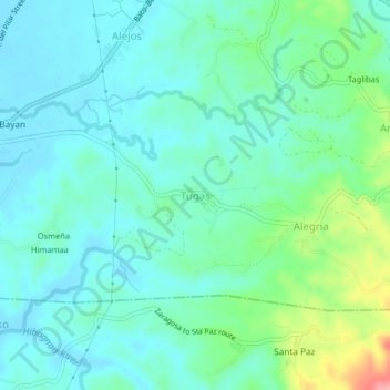 Mapa topográfico Tugas, altitude, relevo