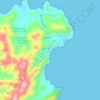Mapa topográfico Tibouda, altitude, relevo