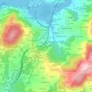Mapa topográfico Cornide, altitude, relevo