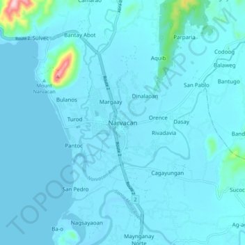 Mapa topográfico Narvacan, altitude, relevo