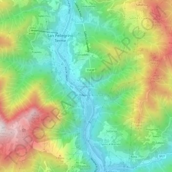Mapa topográfico Pregalleno, altitude, relevo