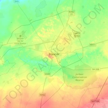 Mapa topográfico Bikaner, altitude, relevo