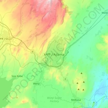 Mapa topográfico Adama, altitude, relevo