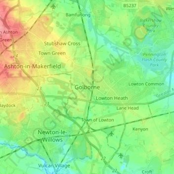 Mapa topográfico Golborne, altitude, relevo