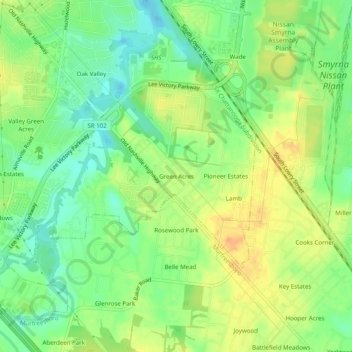 Mapa topográfico Green Acres, altitude, relevo