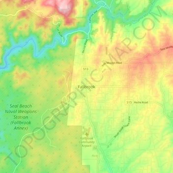 Mapa topográfico Fallbrook, altitude, relevo