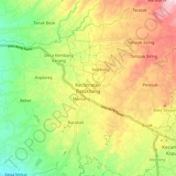 Mapa topográfico Kecamatan Batukliang, altitude, relevo