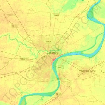 Mapa topográfico Varanasi, altitude, relevo