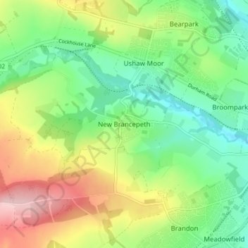 Mapa topográfico New Brancepeth, altitude, relevo