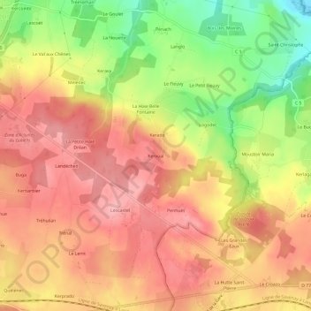 Mapa topográfico Kervoal, altitude, relevo