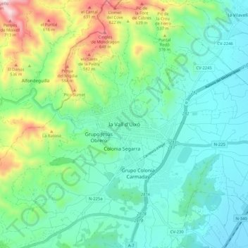 Mapa topográfico la Vall d'Uixó, altitude, relevo