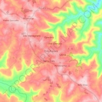 Mapa topográfico Três Passos, altitude, relevo