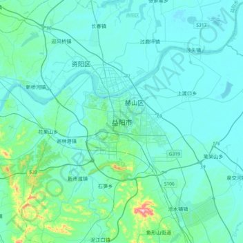 Mapa topográfico 益阳市, altitude, relevo