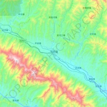 Mapa topográfico 汉阴县, altitude, relevo