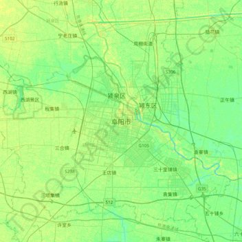 Mapa topográfico 阜阳市, altitude, relevo