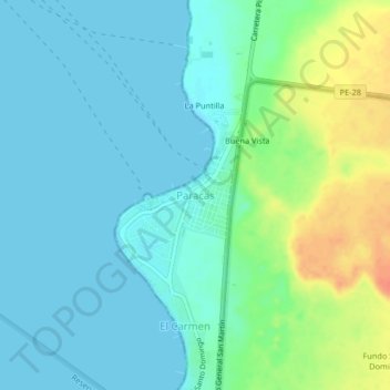 Mapa topográfico Paracas, altitude, relevo