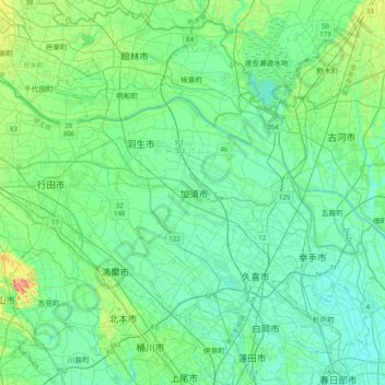 Mapa topográfico 加須市, altitude, relevo