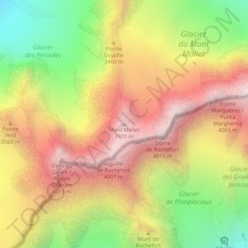 Mapa topográfico Mont Mallet, altitude, relevo