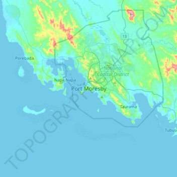 Mapa topográfico Puerto Moresby, altitude, relevo