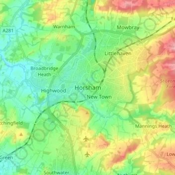 Mapa topográfico Horsham, altitude, relevo