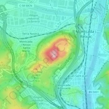 Mapa topográfico Turó de Montcada, altitude, relevo