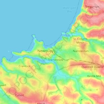 Mapa topográfico Newquay, altitude, relevo
