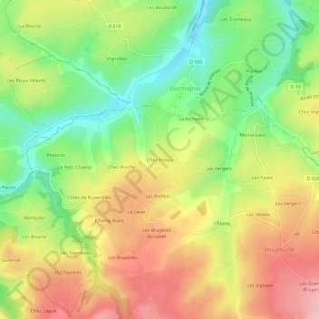 Mapa topográfico Chez Piroux, altitude, relevo