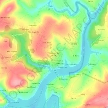 Mapa topográfico O Castro da Virxe, altitude, relevo