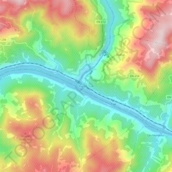Mapa topográfico Foz do Tua, altitude, relevo