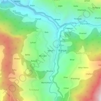 Mapa topográfico Manali, altitude, relevo