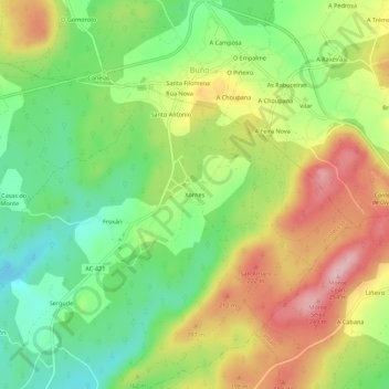 Mapa topográfico Xornes, altitude, relevo