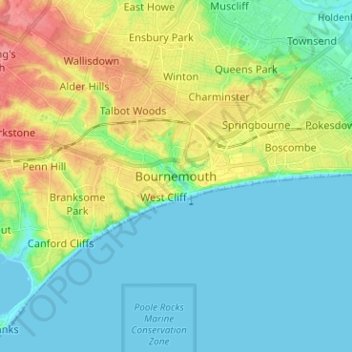 Mapa topográfico Bournemouth, altitude, relevo