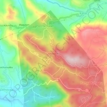 Mapa topográfico Vattappara, altitude, relevo