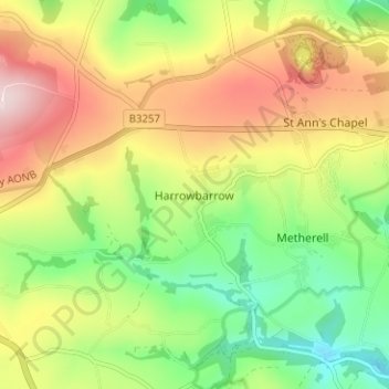Mapa topográfico Harrowbarrow, altitude, relevo