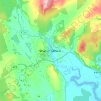 Mapa topográfico Newton Stewart, altitude, relevo
