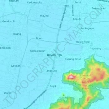 Mapa topográfico Boyolangu, altitude, relevo