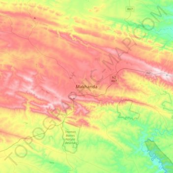 Mapa topográfico Makhanda, altitude, relevo