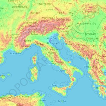 Mapa topográfico Italia, altitude, relevo