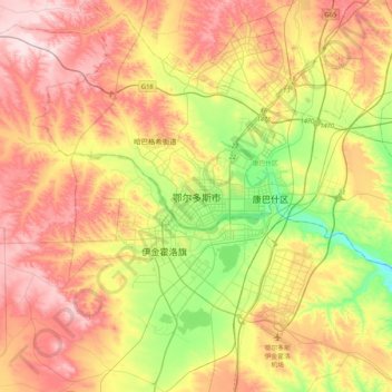 Mapa topográfico 鄂尔多斯市, altitude, relevo
