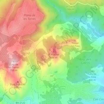 Mapa topográfico el Pujolet, altitude, relevo