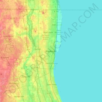 Mapa topográfico Waukegan, altitude, relevo
