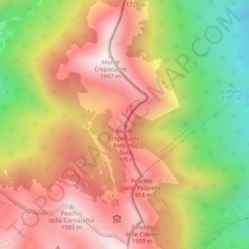 Mapa topográfico Monte Crepacuore, Anticima Sud, altitude, relevo