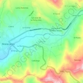 Mapa topográfico Taxiche, altitude, relevo
