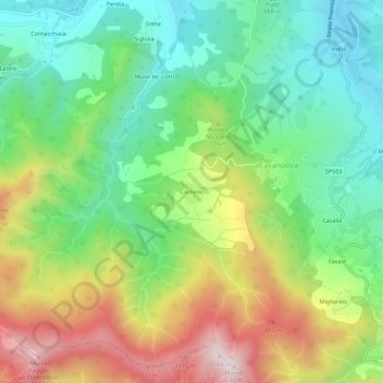 Mapa topográfico Corniolo, altitude, relevo