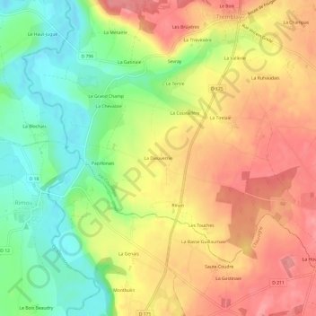 Mapa topográfico La Dieuverrie, altitude, relevo