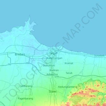 Mapa topográfico Tegal, altitude, relevo