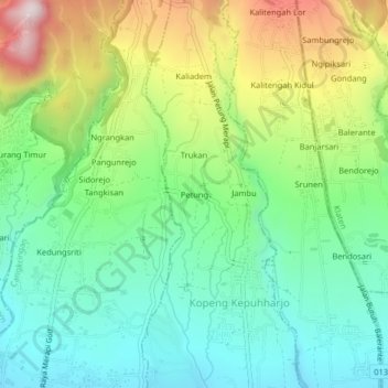 Mapa topográfico Petung, altitude, relevo